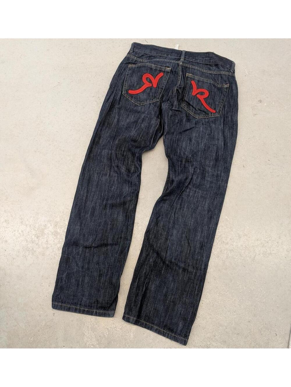 Y2K Rocawear Wide Leg Dark Blue Red Embroidered Jeans